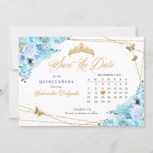 Invitación Quinceañera Sky Blue & Gold Guarda La Fecha