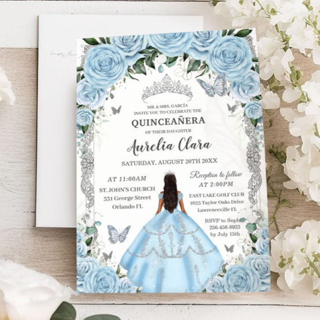 Invitación Quinceañera Sky Floral Azul Gown Princesa Plata (Subido por el creador)