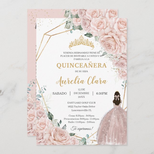 Invitación Quinceañera Soft Blush Floral 15 Años Padrinos (Anverso / Reverso)