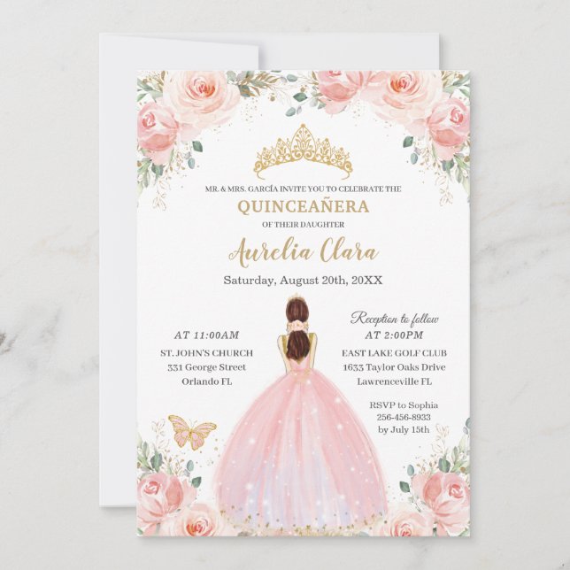 Invitación Quinceañera Soft Rubor Floral Butterflies Princess (Anverso)