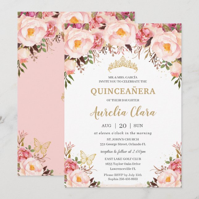 Invitación Quinceañera Soft Rubor Floral Gold Tiara Mariposa (Anverso / Reverso)