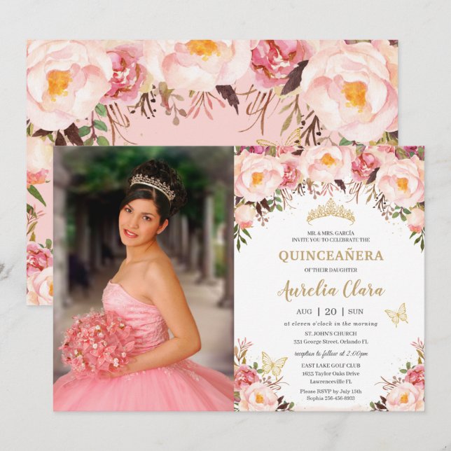 Invitación Quinceañera Soft Rubor Floral Gold Tiara Mariposa (Anverso / Reverso)