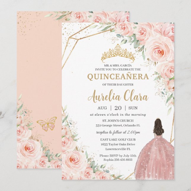 Invitación Quinceañera Soft Rubor Floral Rosas Flores Crown (Anverso / Reverso)