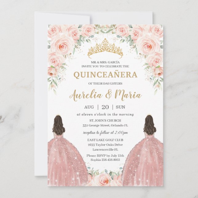 Invitación Quinceañera Soft Rubor Floral Rosas Flores gemelos (Anverso)