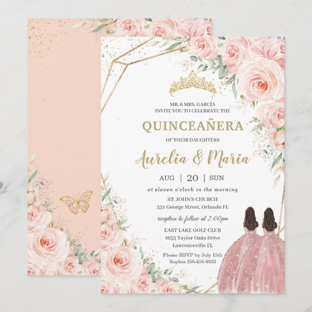 Invitación Quinceañera Soft Rubor Floral Rosas Flores gemelos (Anverso / Reverso)