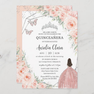 Invitación Quinceañera Soft Rubor Floral Rosas Silver Crown