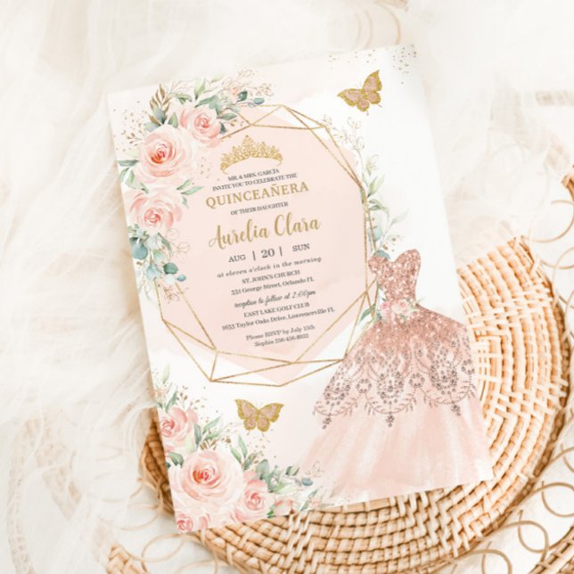 Invitación Quinceañera Soft Rubor Floral Vestido Butterflies (Subido por el creador)