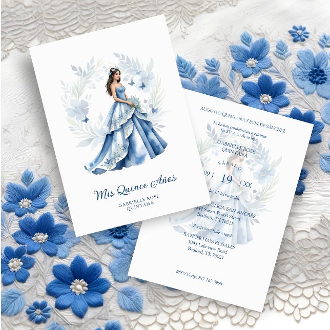 Invitación Quinceañera Sophisticated Blue Floral Garland (Spanish Quinceañera Sophisticated Blue Wreath Garland and Exquisite Doll in Blue Invitation Card.)