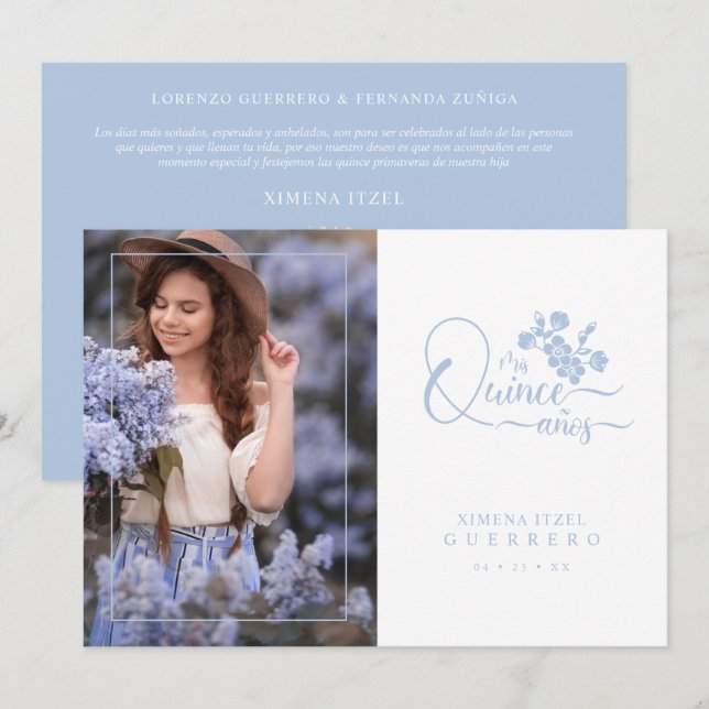 Invitación Quinceañera Spanish Blue Floral Wreath Photo (Anverso / Reverso)