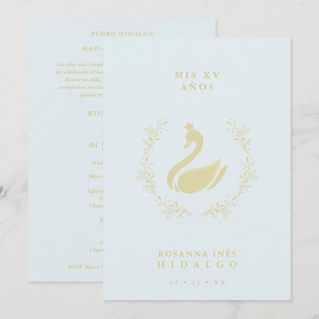 Invitación Quinceañera Spanish Blue & Gold Romantic Swan (Anverso / Reverso)