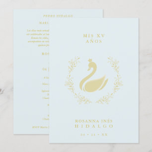 Invitación Quinceañera Spanish Blue & Gold Romantic Swan