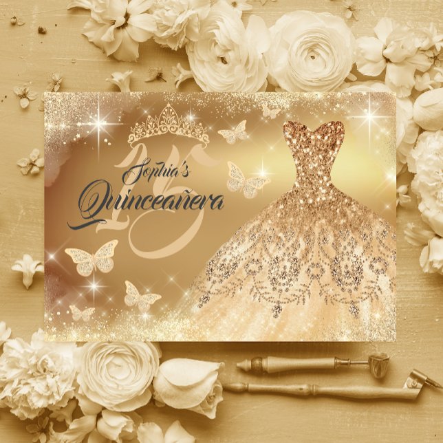 Invitación Quinceanera Sparkle Dorado Mariposa Vestido (Subido por el creador)