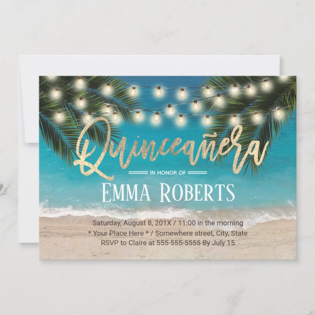 Invitación Quinceanera String ilumina la playa tropical Cumpl (Anverso)