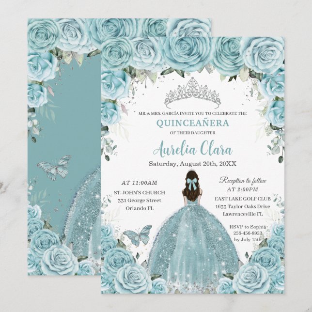 Invitación Quinceañera suave Turquesa Floral Plata Crown (Anverso / Reverso)