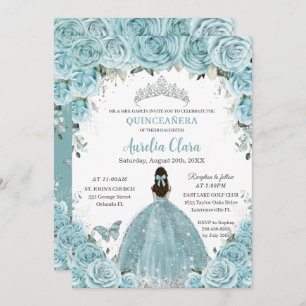 Invitación Quinceañera suave Turquesa Floral Plata Crown