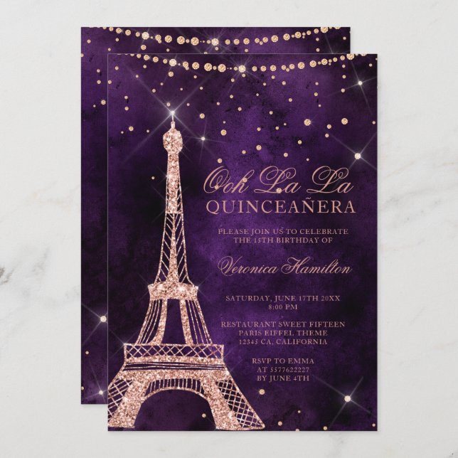 Invitación Quinceanera subió torre Eiffel de la púrpura del (Anverso / Reverso)