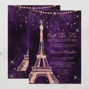 Invitación Quinceanera subió torre Eiffel de la púrpura del