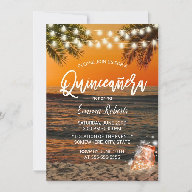 Invitación Quinceanera Summer Sunset Beach Glow Mason Jar (Anverso)