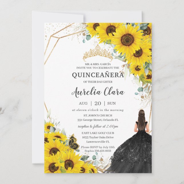 Invitación Quinceañera Sunflower Floral Dorado Negro Vestido (Anverso)