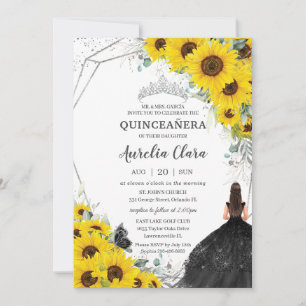 Invitación Quinceañera Sunflower Floral Plata Plata Vestido N