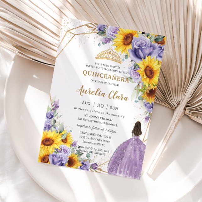 Invitación Quinceanera Sunflower Purple Lavender Floral Gold (Subido por el creador)