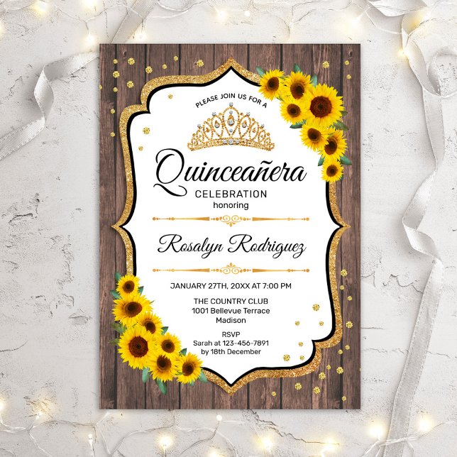 Invitación Quinceanera - Sunflowers Rustic Wood White (Subido por el creador)