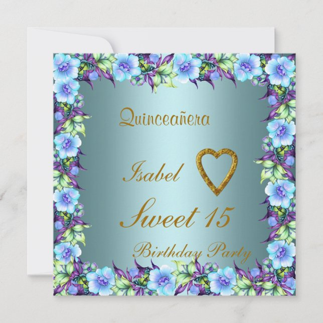 Invitación Quinceanera Sweet 15 Birthday Invitation Verde azu (Anverso)