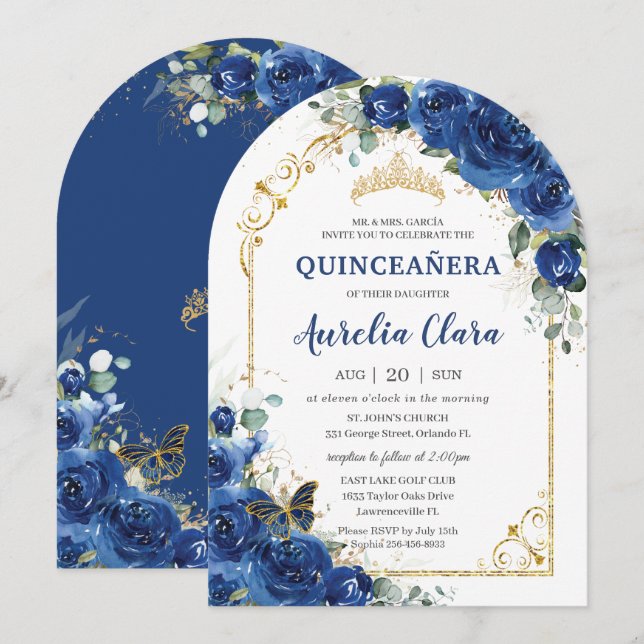 Invitación Quinceañera Sweet 16 Arco floral azul real (Anverso / Reverso)