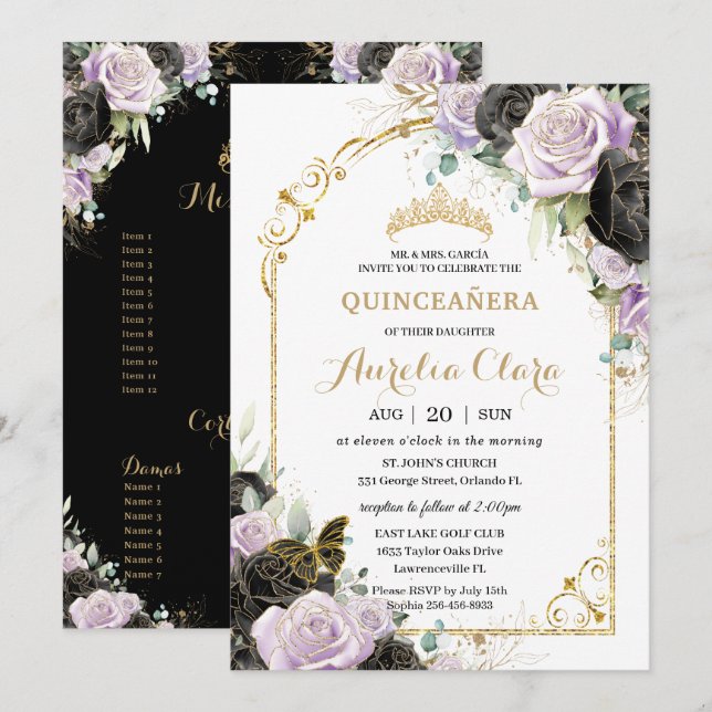 Invitación Quinceañera Sweet 16 Black Lilac Floral Padrinos (Anverso / Reverso)