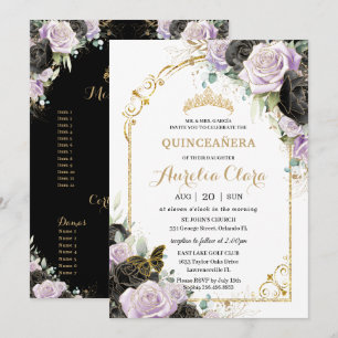 Invitación Quinceañera Sweet 16 Black Lilac Floral Padrinos