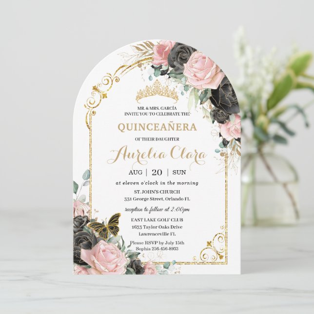 Invitación Quinceañera Sweet 16 Black Pink Floral Gold Arch (Anverso de pie)