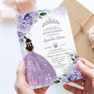 Invitación Quinceañera Sweet 16 Purple Lavender Floral Silver