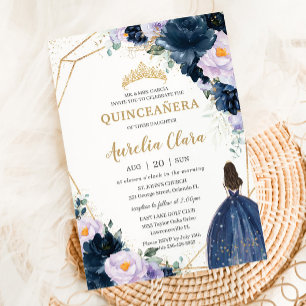 Invitación Quinceañera Sweet 16 Purple Lilac Floral Azul