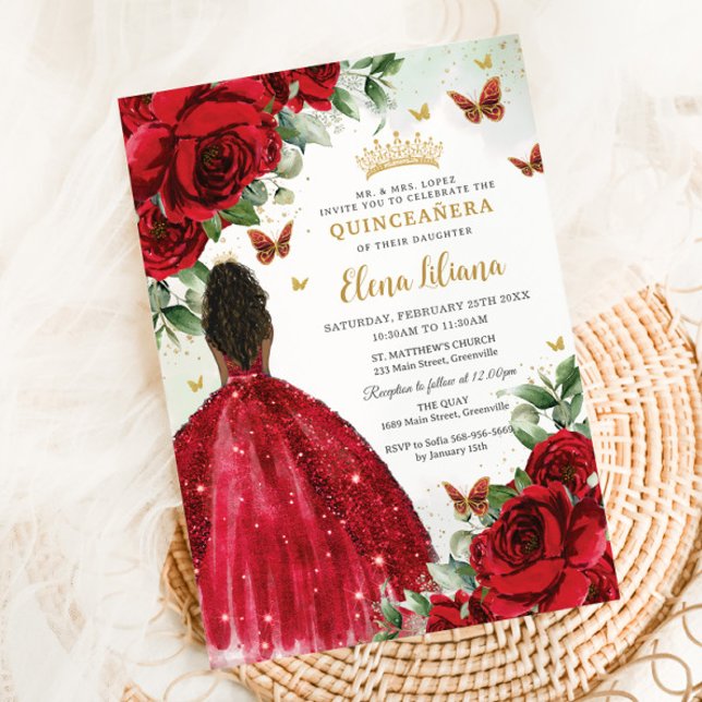Invitación Quinceañera Sweet 16 Roses Rojos Flores Chica Brow (bright-vibrant-red-roses-floral-flowers-african-brown-black-princess-dress-gown-quinceanera-invites)
