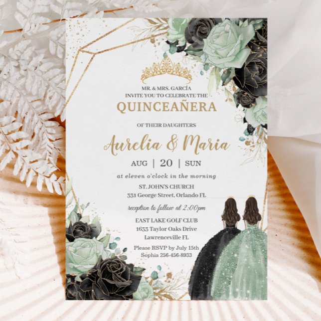 Invitación Quinceañera Sweet 16 Sage Green Floral Twins (Subido por el creador)