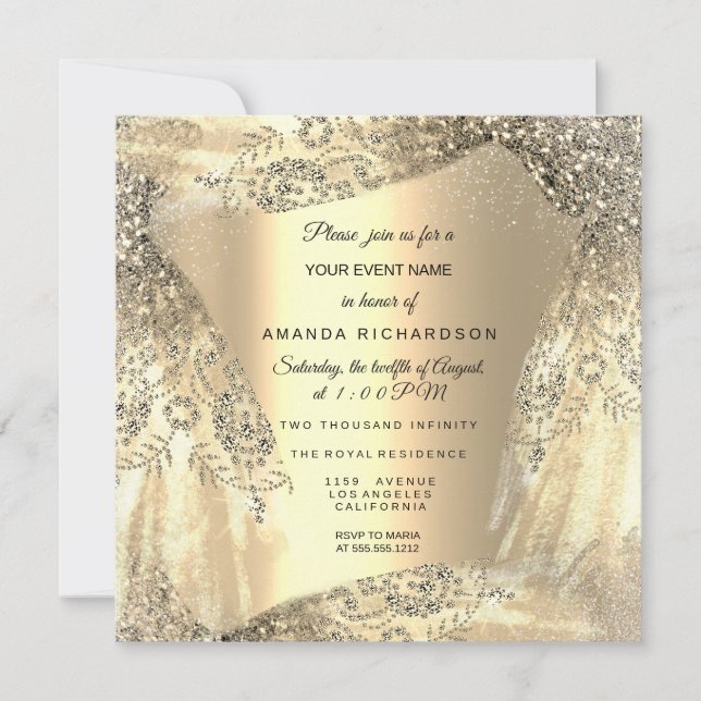 Invitación Quinceanera Sweet 16th 15th Birthday Gold Vress (Anverso)