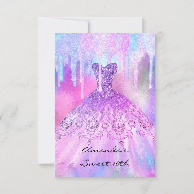 Invitación Quinceanera Sweet 16th Drips Vestido Holográfico (Reverso)