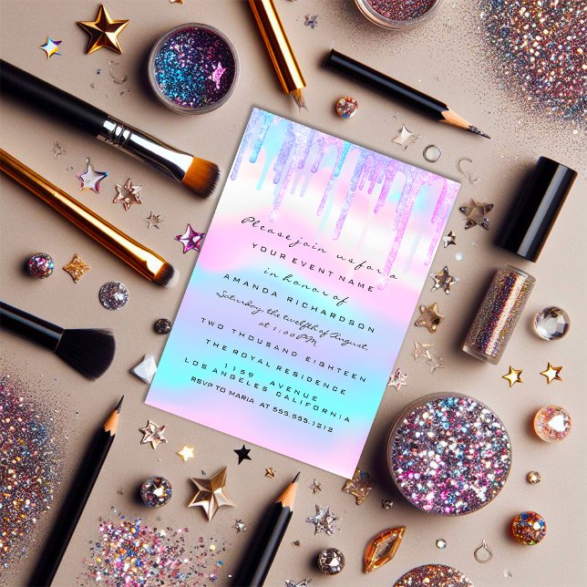 Invitación Quinceanera Sweet 16th Purple Holographic Vestido (Quinceanera Sweet 16th Purple Holographic Dress Invitation)