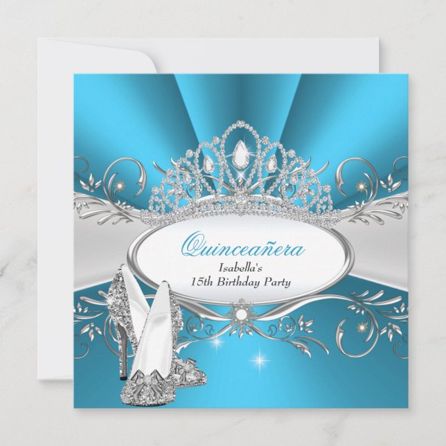 Invitación QuINCEANERA Talones Altos Diamante Azul Tiara (Anverso)