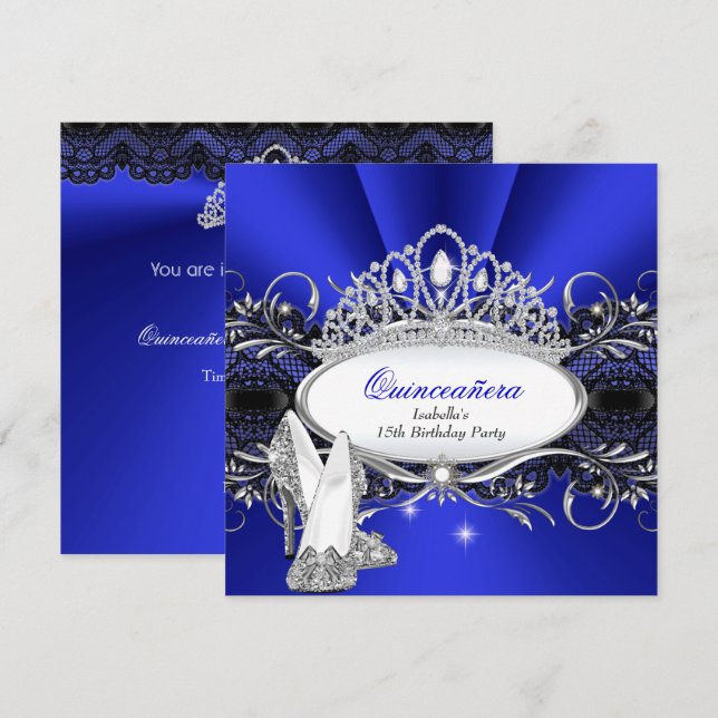 Invitación QuINCEANERA Talones altos Royal Blue Diamond Tiara (Anverso / Reverso)