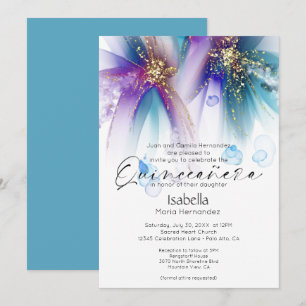 Invitación Quinceañera Teal Púrpura Abstracto Impactante