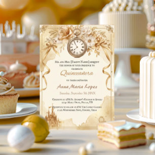 Invitación Quinceañera tema Cenicienta con acuarela dorada