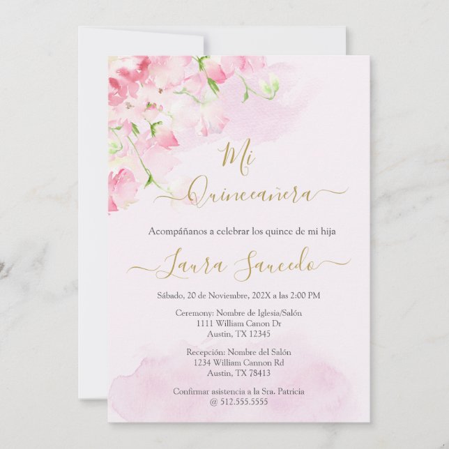 Invitación Quinceañera tema color rosa (Anverso)