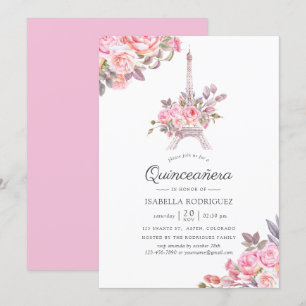 Invitación Quinceañera temática de París con acuarela floral