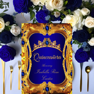 Invitación Quinceañera Tiara Azul Real Ultra Dorado Fiesta