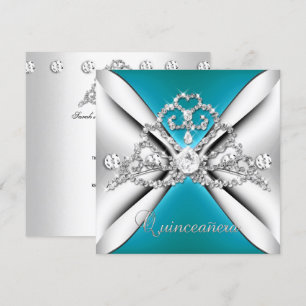 Invitación Quinceañera Tiara Azul Teal Plateado Blanco