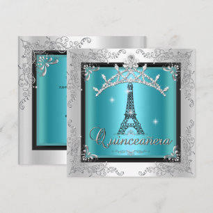 Invitación Quinceañera Tiara Azul Turquesa Plata Torre Eiffel