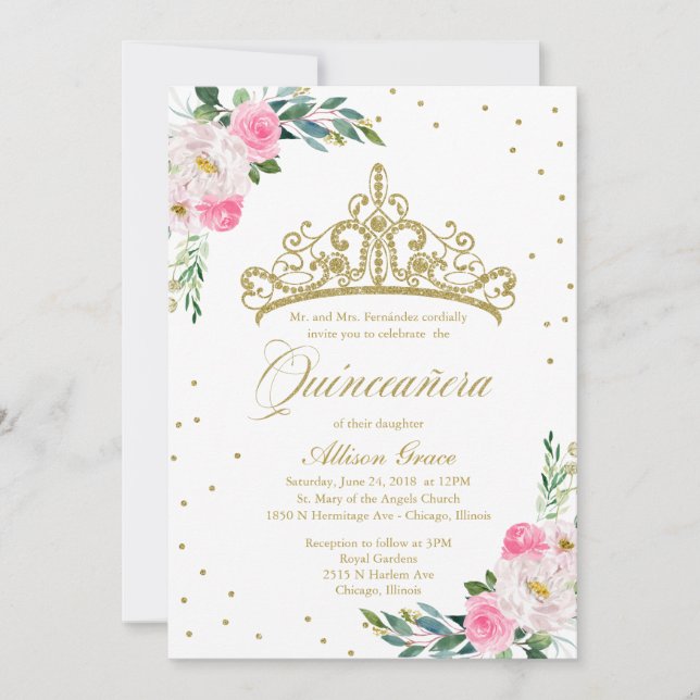 Invitación Quinceanera Tiara bilingüe rosa calient (Anverso)