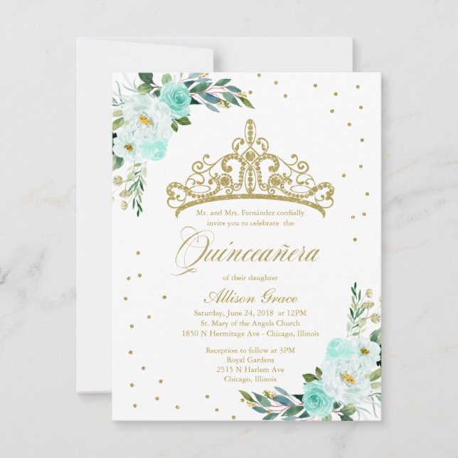 Invitación Quinceanera Tiara bilingüe Verde azulad (Anverso)
