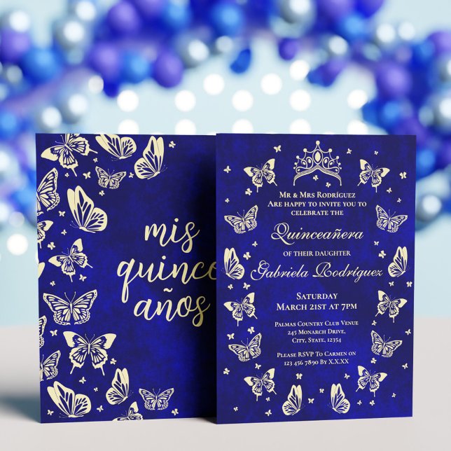 Invitación Quinceañera Tiara Butterfly azul real y dorado (Royal Blue and Gold Quinceañera Tiara Butterfly Invitation)